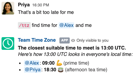Screen shot of Team TimeZone Command-Based Meeting Finder feature