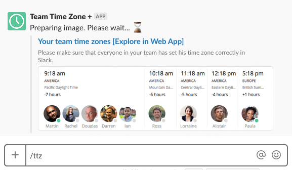 Screen shot of user using Team TimeZone Slash command